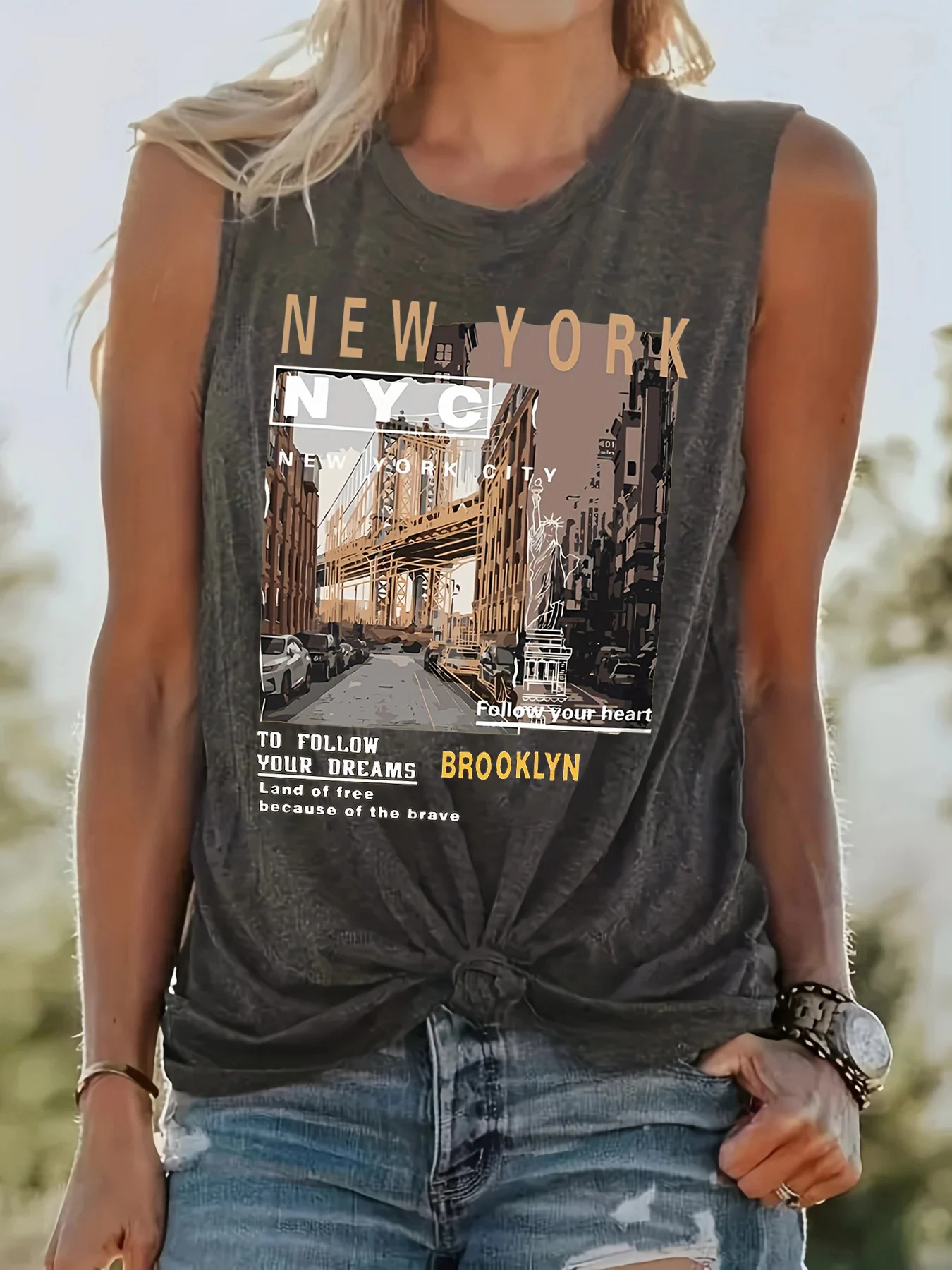 Women's Summer NEW York Crew Neck Breathable Pattern Print Large Casual Round Neck Sleeveless Loose Tank Top T-shirt