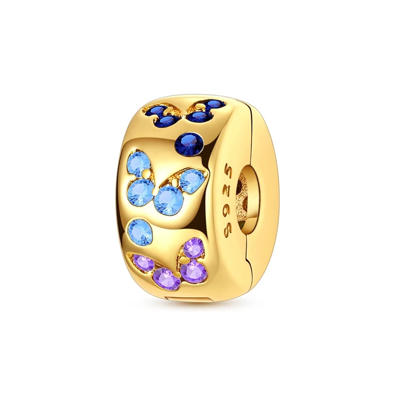 Goldfarbener, funkelnder Zirkon-Schmetterlings-Anhänger mit Clip-Sicherheitskette, passend für original 925er Sterlingsilber-Schmuck – Geschenk