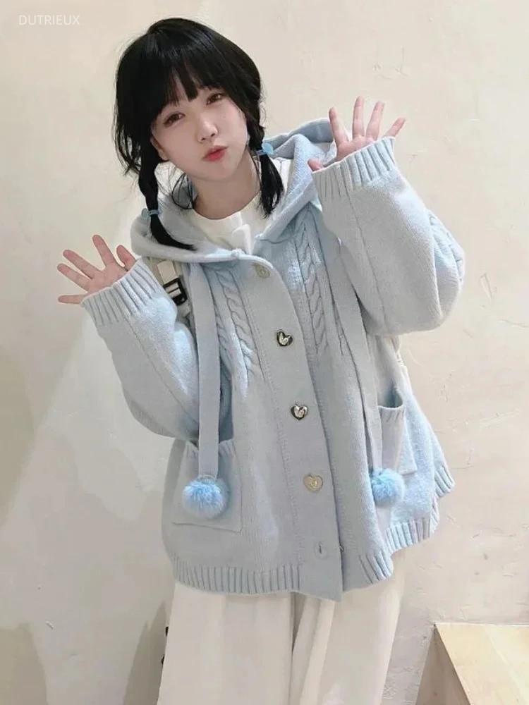 Japanese Kawaii Button Knitted Cardigan Women Blue Kardigan Damski Harajuku Cute Girl Hoody Sweater Jackets Y2k Coat