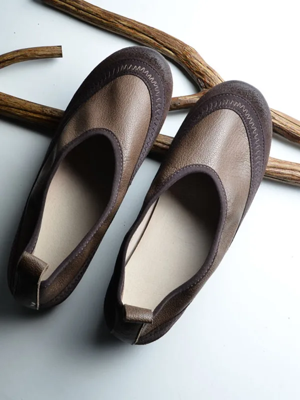 Retro Wooden Shoe Women's Leather Flat Casual Loafers Lazy Shoes round Toe Slip-On Shoes Fashionable Splicing Design All-Seas...