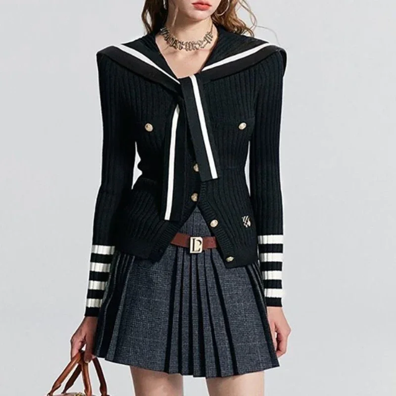 

Deeptown Preppy Style Knitted Cardigan Women Striped Sailor Collar Cute Long Sleeve Sweater Elegant Sweet Autumn Winter Cardigan