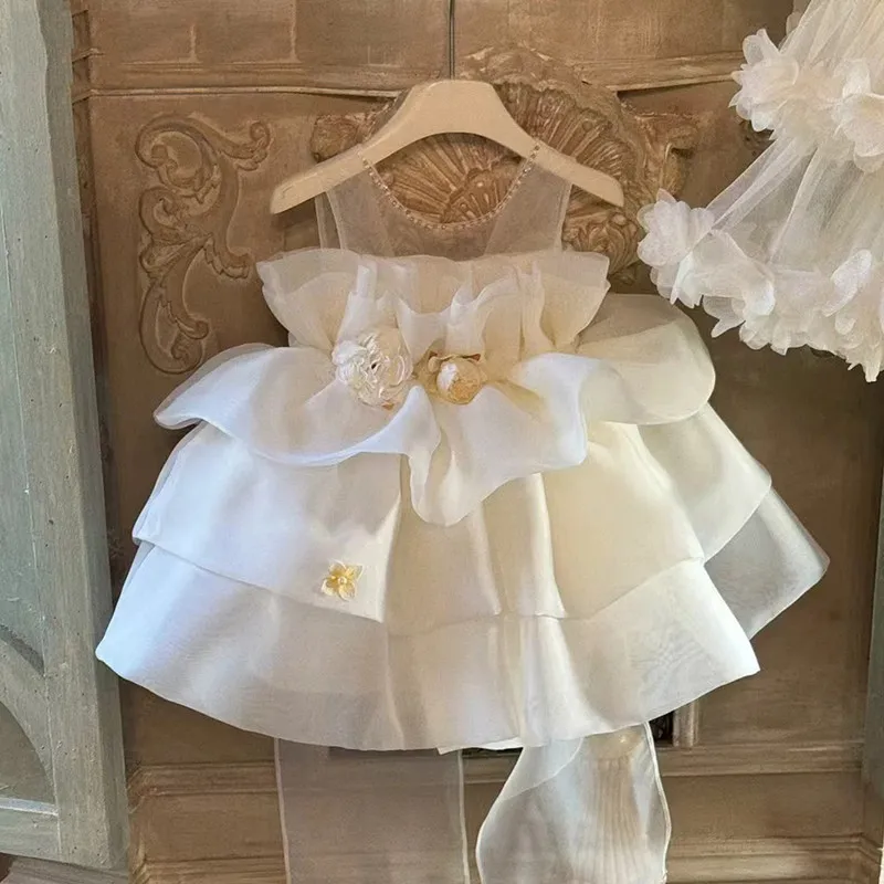 

Children Elegant Host Piano Performance Princess Ball Gown Girls Cute Bow Sleeveless Birthday Wedding Dress g428