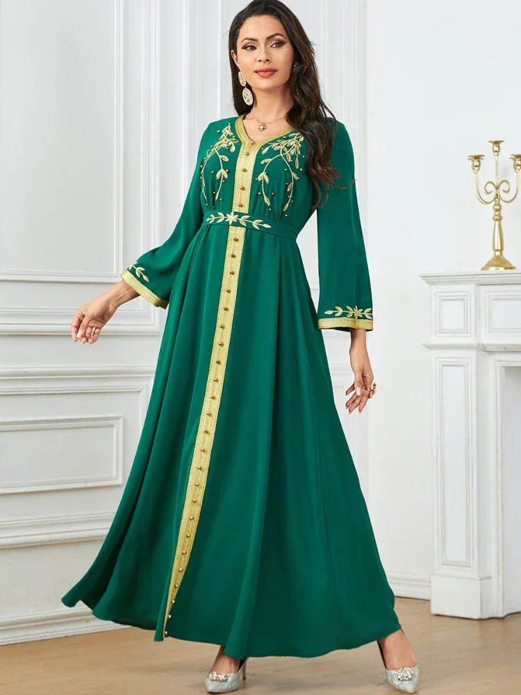 Eid Muslim Women Embroidery Dress Jalabiya Ramadan Morocco Dubai Abaya Kaftan Islam Party Vestidos Arab Lace Up Long Robe 2024