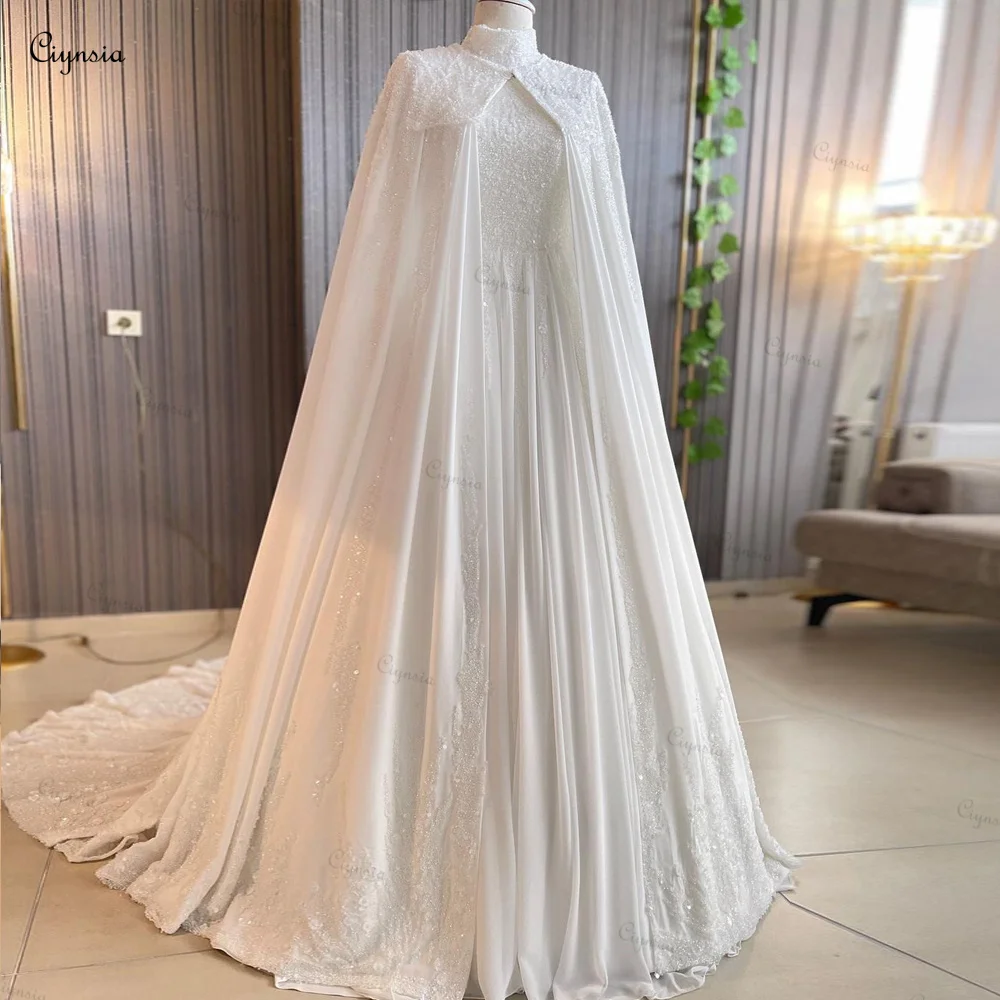 Ciynsia Customized Chiffon Beading Muslim Wedding Dress with Cape Long Sleeve Arabic Dubai Bridal Gown High Neck Robe De Mariée