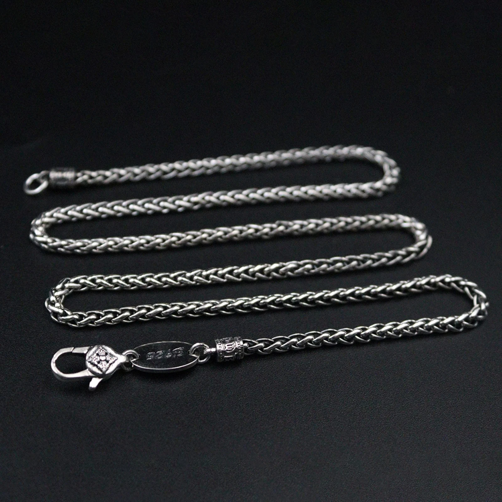 925 Sterling Silver Necklace For Men Wheat Chain 3mmW Male's Chain 20-24inchL with Lobster Clasp Gift