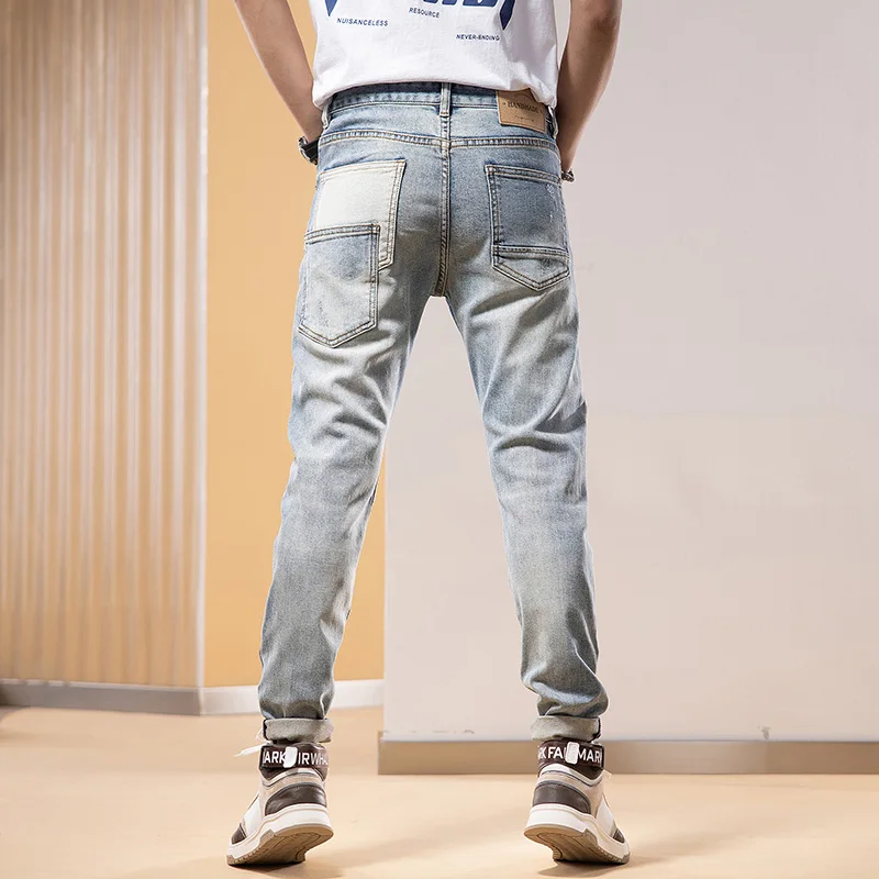 High Street Fashion Men Jeans Retro Washed Blue Stretch Slim Fit Ripped Jeans Men Patched Designer Hip Hop Denim Pants Hombre