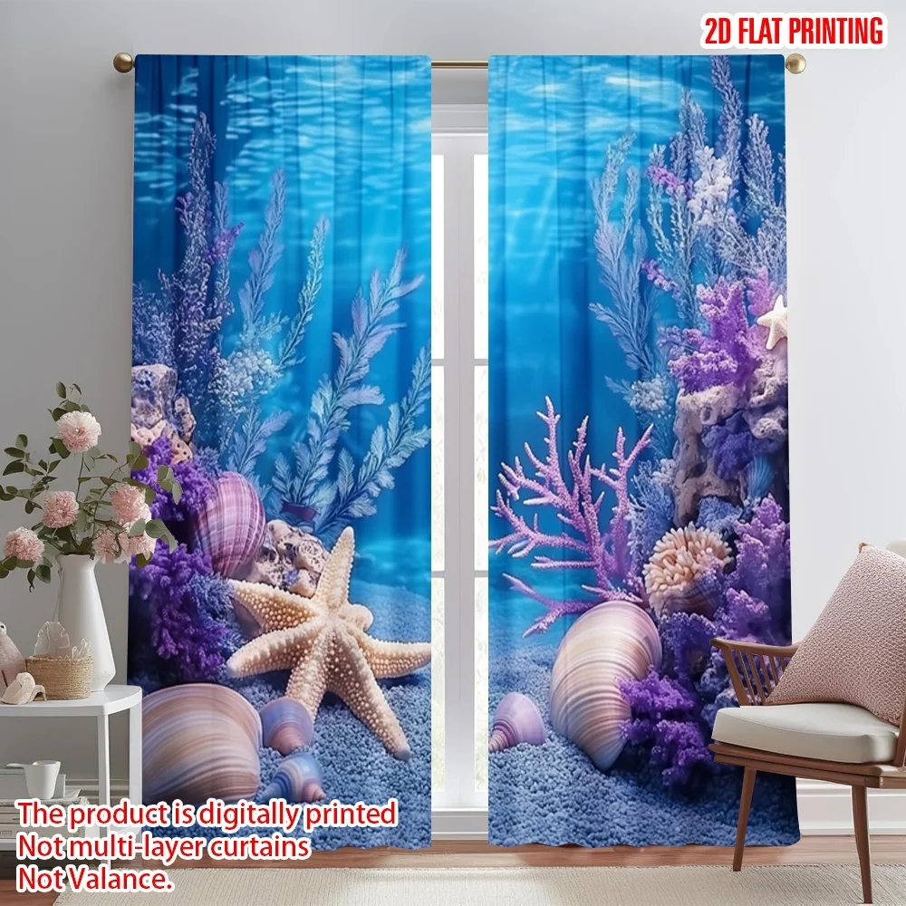 2pcs 2D flat printing Window Treatment Curtains Mysterious underwater coral landscape pattern (2) 100% Polyester Without
