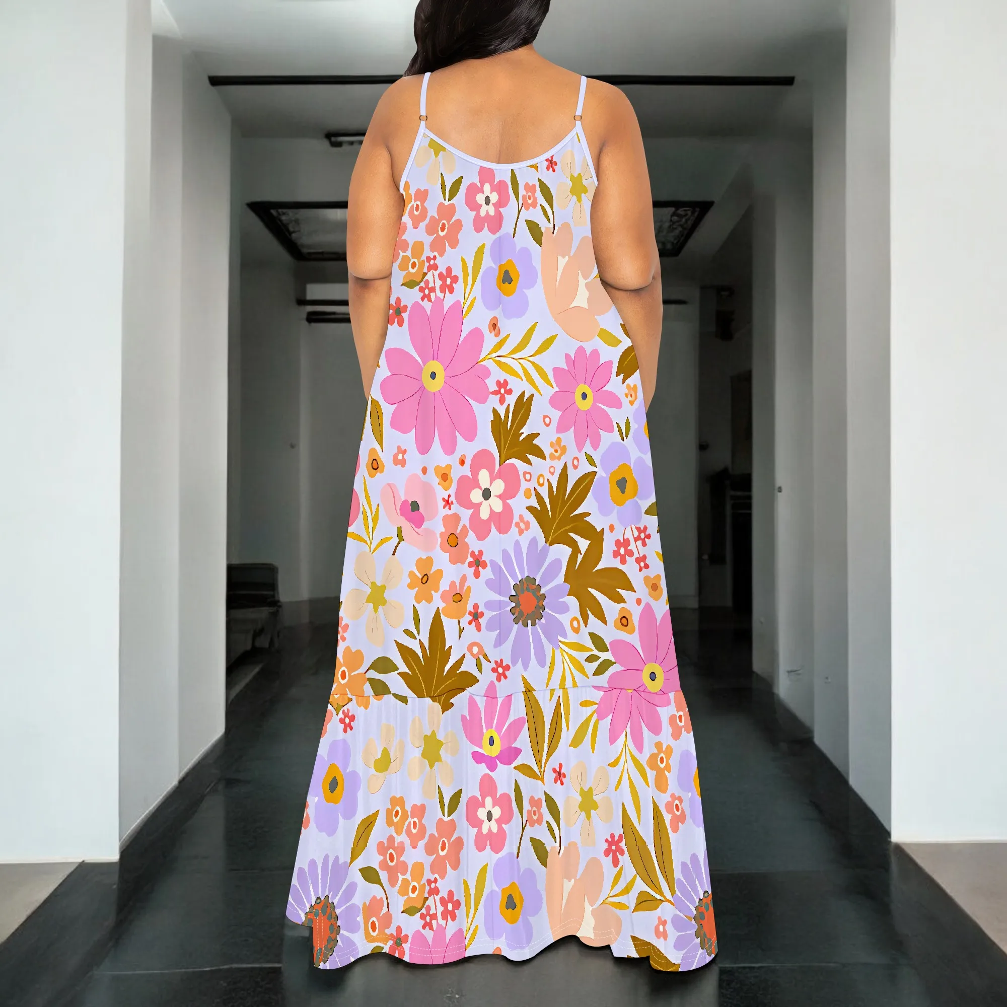 Maxi-jurk met bloemenprint voor dames in grote maten, mouwloos met zakken, zomer-casual jurk, elegant ontwerp met V-hals