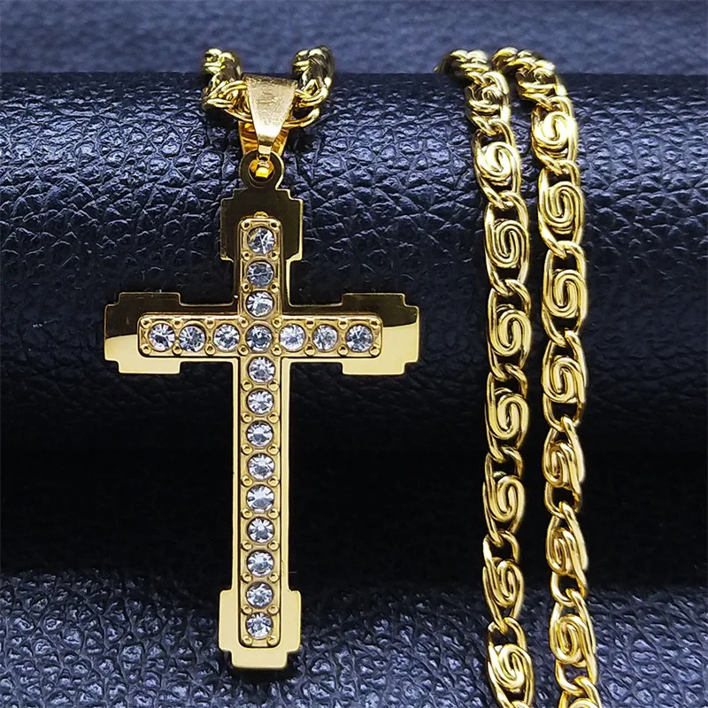 HNSP Cross Chain Necklace Pendant Stainless Steel Luxury Zircon Jewelry Neck Accessories Christian Catholic Rosaries