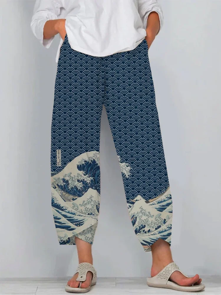 

Straight Pants Ankle Length Printed Japanese Style Summer Casual Great Wave Kanagawa Joggers Streetwear Trousers Women Clothing