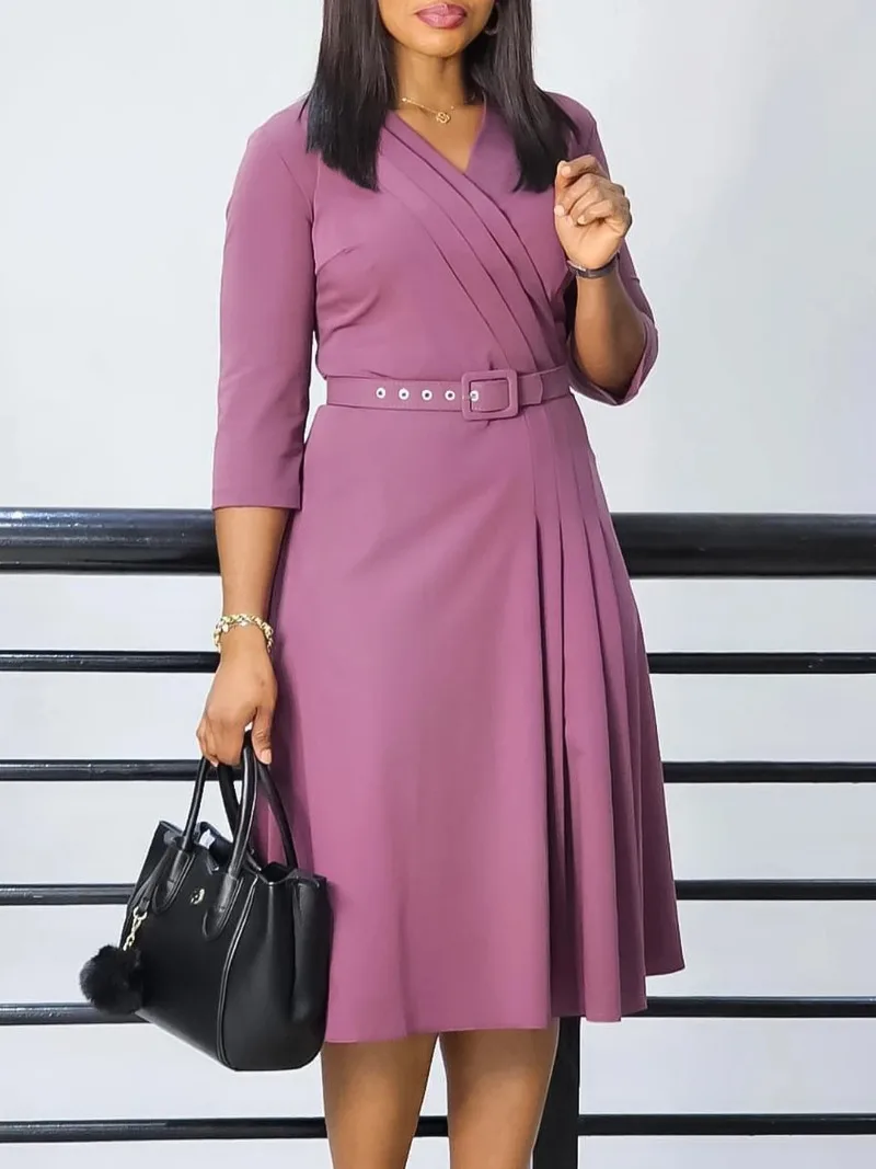 Church Dresses for Women Elegant V Neck A Line Pleataed 3/4 Sleeves Modest Classy Occasion Female Gowns Office Ladies New 2025