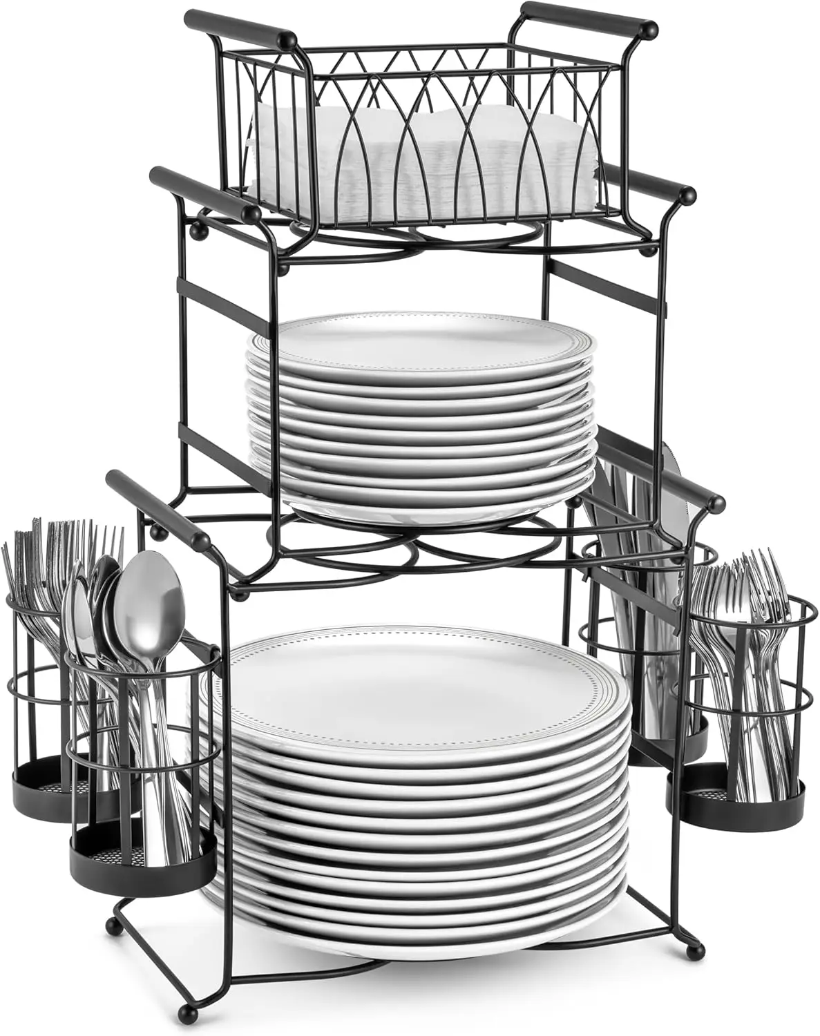 Buffet Caddy — Juego apilable de 7 piezas que incluye soporte para platos, servilletas y cubiertos, organizador de mesa desmontable de 3 niveles — Ideal