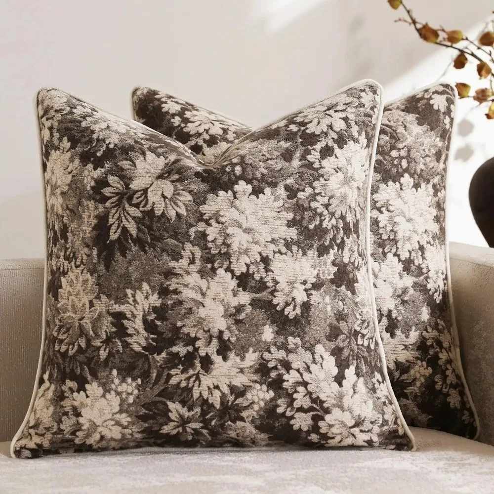 Jacquard Weave Floral Throw Pillowcase Yarn-Dyed Chenille Fabric Decorative Pillow Covers Soft Texture 18x18 Inch