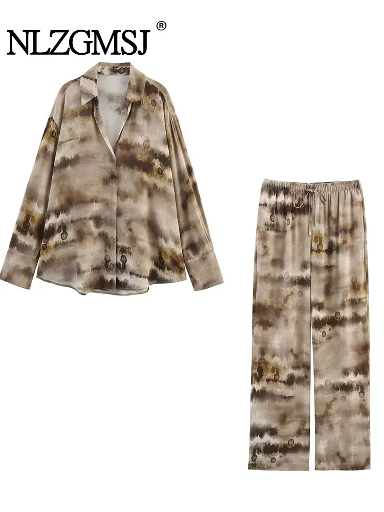 

2024, весна-лето, винтажный повседневный шикарный женский костюм, однобортная блузка с принтом тай-дай, свободные прямые брюки, модные костюмы