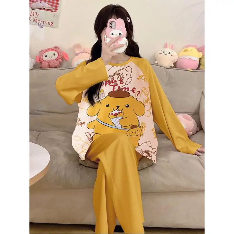 

Весенне-осенние пижамы Sanrio Pompom Purins для девочек с длинными рукавами, новый молодежный хлопковый свободный повседневный уютный комплект домашней одежды