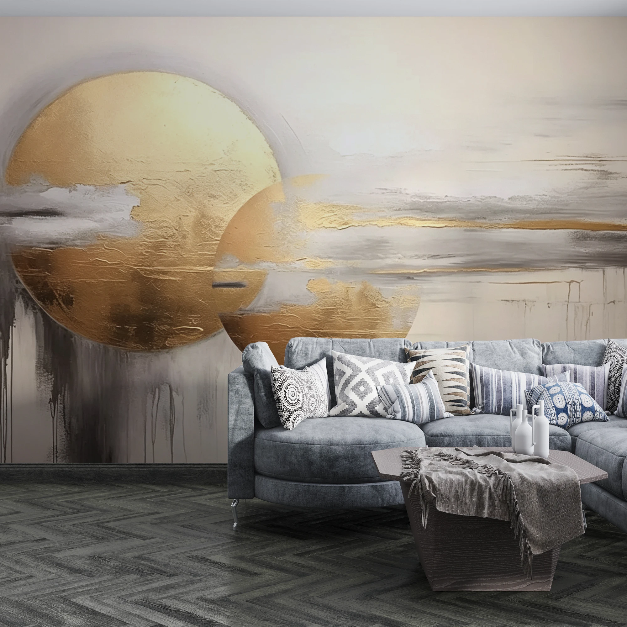 Custom Mural Wallpaper Abstract Golden Circle Landscape Peel And Stick Wall Mural Gold Foil Oil Painting For Living Room Bedroom