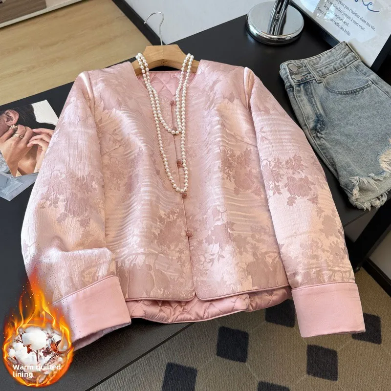Thickened Satin Collar Jacket Chinese Style Autumn Winter Tang Suit Cotton Filled Traditional Embroidered Button Ethnic Top