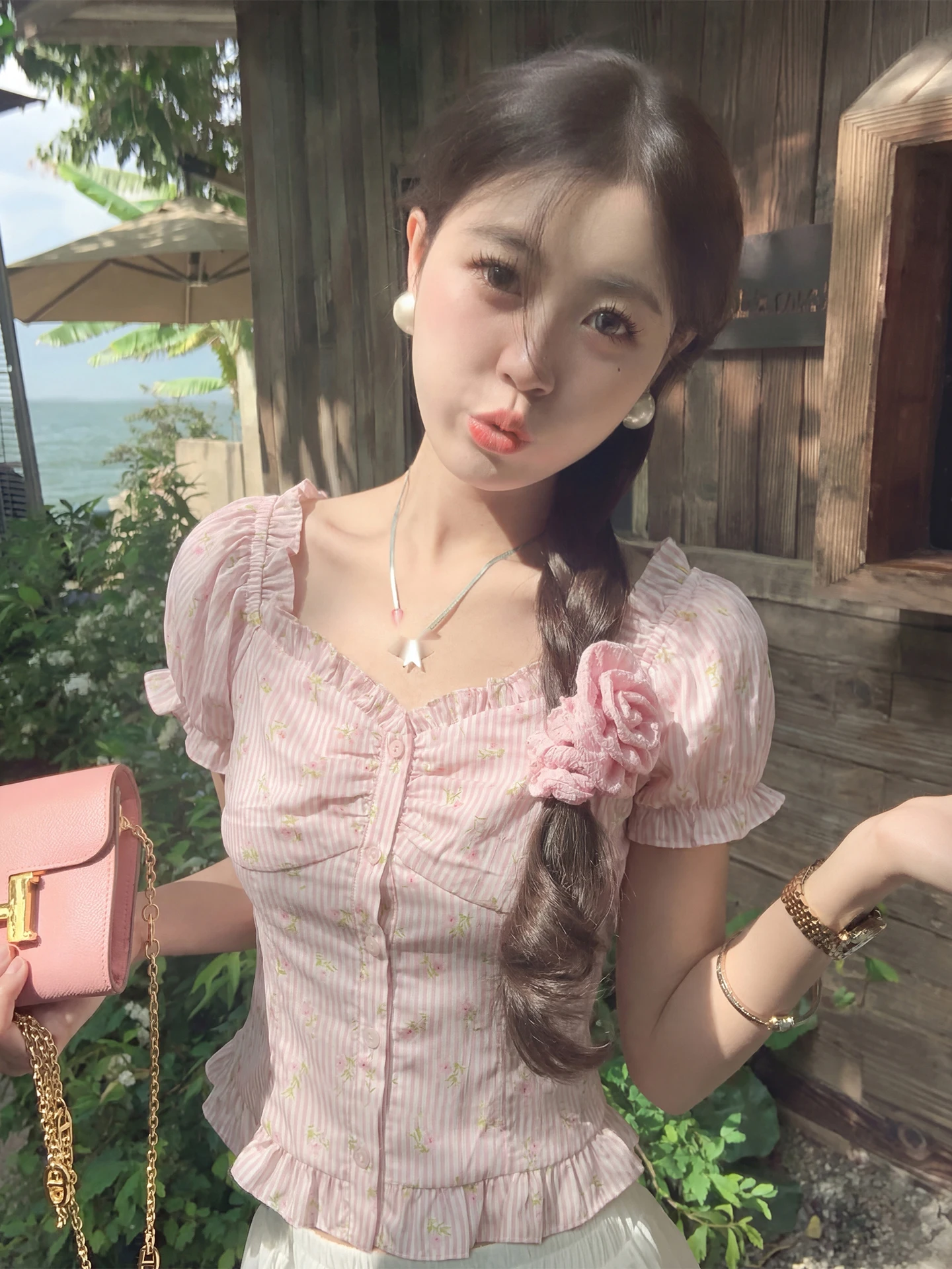 

Женская летняя рубашка Zeng Xiao Salt в корейском стиле с коротким рукавом, приталенная, с рукавами-фонариками, в полоску, с квадратным воротником, модный топ