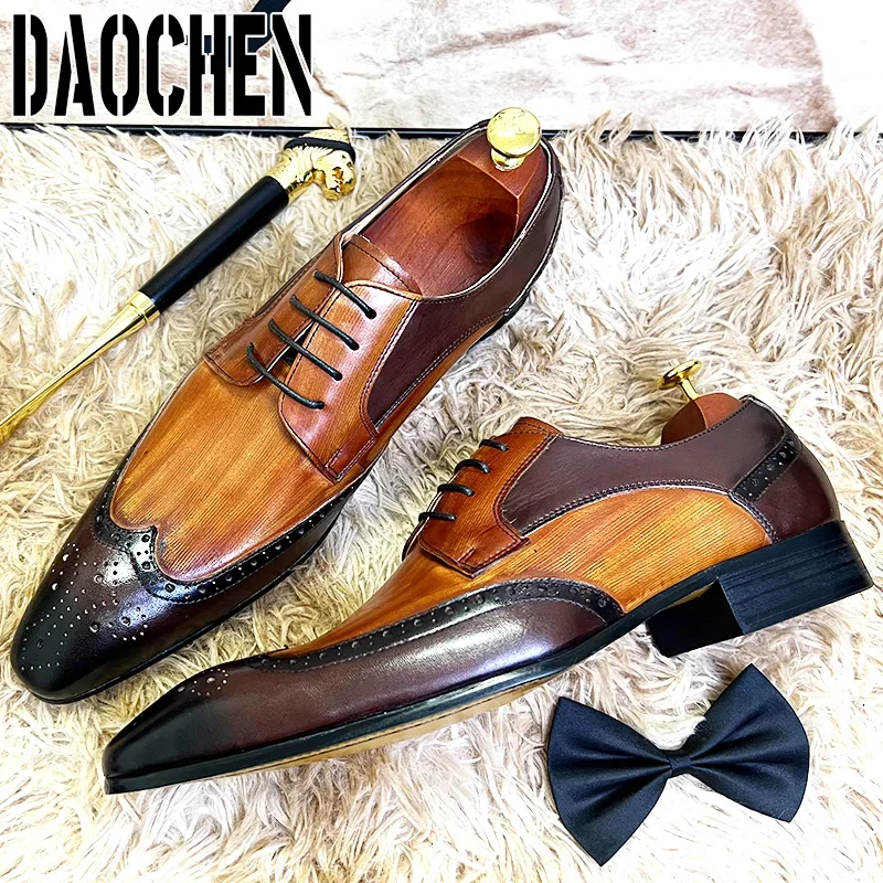 Zapatos de cuero con cordones para hombre, calzado de vestir, Oxford, Punta puntiaguda, colores mezclados, marca de lujo, boda y oficina