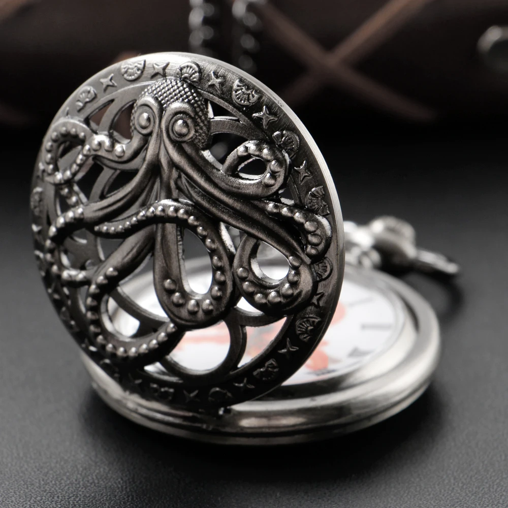 Black Cthulhu Octopus Unisex Fashion Roman Digital Quartz Steampunk Pocket Watch Women's Necklace Pendant with Chain Gift