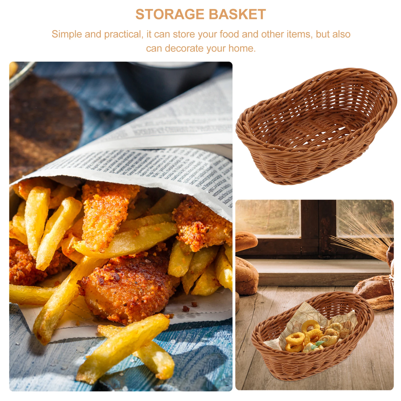 

2Pcs Kitchen Storage Baskets Imitation Rattan Woven Plastic Organizer Fruit Bread Snack Food Holder Container Plastic Baskets