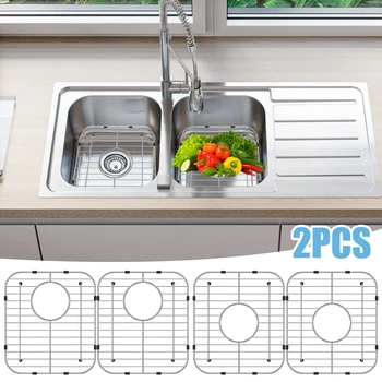 2Pcs Kitchen Sink Grid 304 Stainless Steel Sink Protectors Double Bowl Sink Bottom Grid with R50 Corner Large Sink Protectors