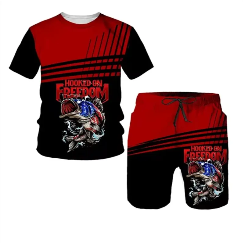 

2025 мужские шорты для рыбалки на открытом воздухе, комплект из 2 предметов, футболка с круглым вырезом и 3D принтом, модная свободная спортивная мужская одежда