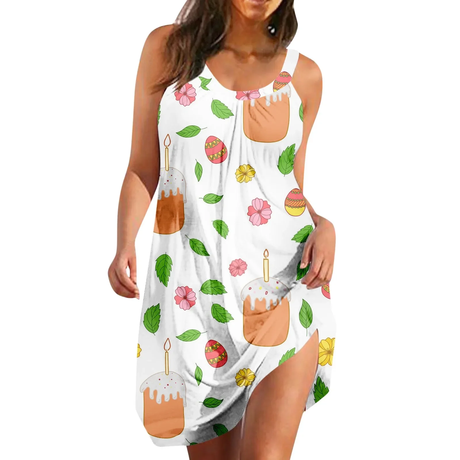 Vestido solto com estampa vintage feminino, vestido de verão sem mangas, casual boho, cobrir o balanço, praia, verão, novo, 2023