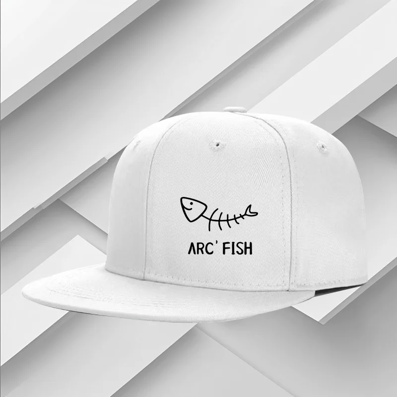 Unisex FISH Fishbone Print Adjustable Baseball Cap - Flat Brim Hat for Men and Women, Urban Street Style, Multiple Colors: Black