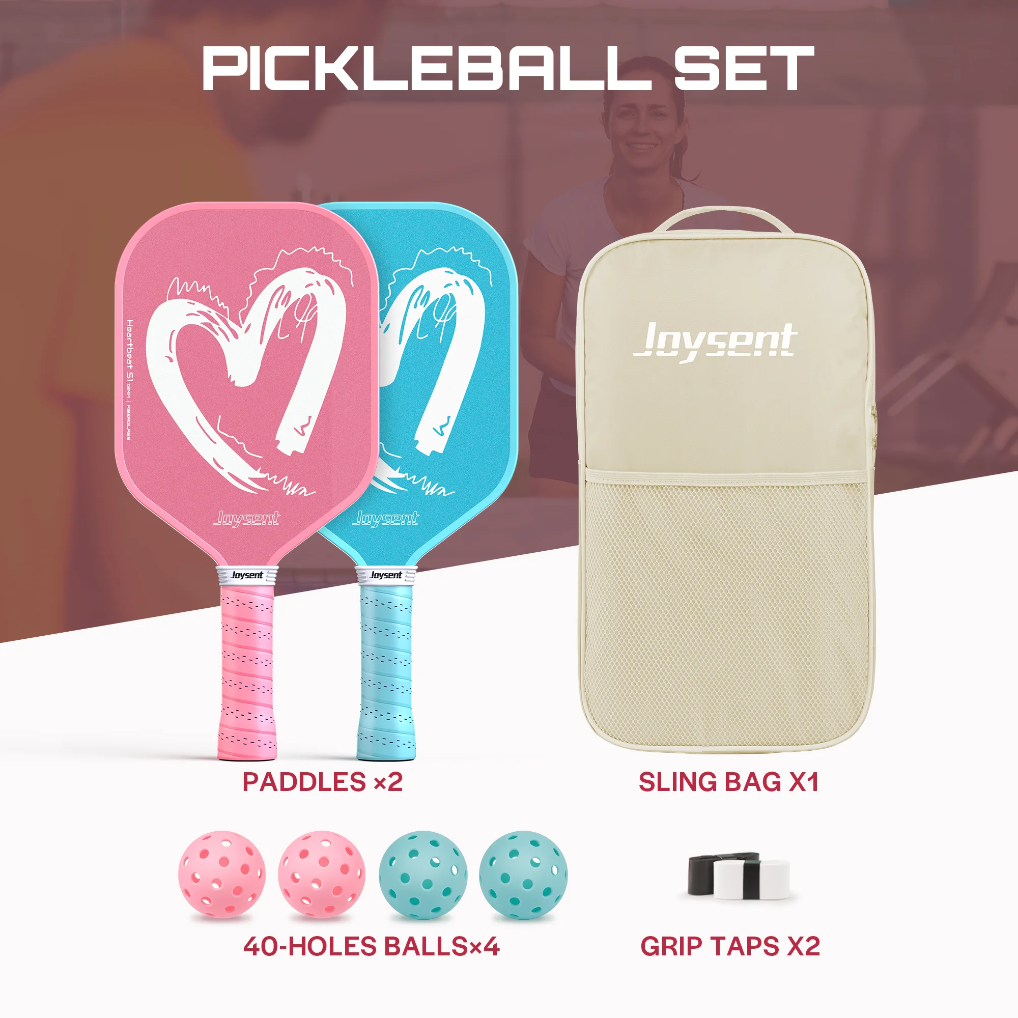 Joysent Fiberglass Pickleball Paddle Set 13mm PP Honeycomb Couples Pickleball Racke For Beginners Whit 4Balls 2Sweatbands 1Bag