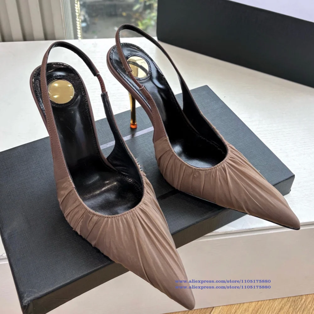 

Metallic Heel Slingback Pumps Women's Sandals Pointy Toe Stiletto Heels Slip On Pumps Luxury Designer Sandalias De Mujer Verano