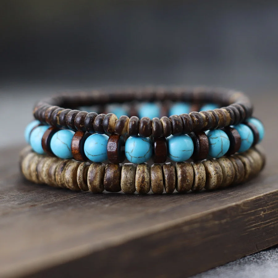 3Pcs Coconut Husk Wooden Bracelet Homme Turquoises Lava Tiger Eyes Strand Braclet Meditation Healing Braslet Accessories Hombre