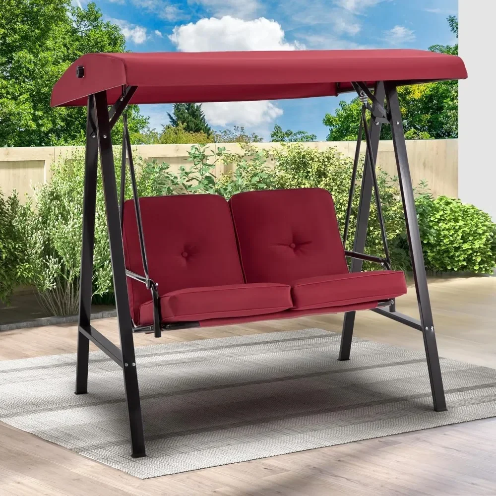 Outdoor Patio Swing Chair for Adults, 2-Seat Porch Swings with Adjustable Canopy, Outside Swing Bench with Removable Cushion