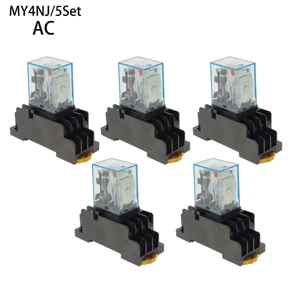 5Pcs Relay MY4NJ AC 12V 24V 36V 48V 110V 220V 380V Small relay 5A 14PIN Coil DPDT With Socket Base