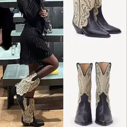 Szpiczasty palec u nogi masywny obcas Chelsea Boots najnowszy etniczny kowboj w połowie buty ze skórki cielęcej nadruk jesienne buty na wybiegu dla kobiet Retro Sexy