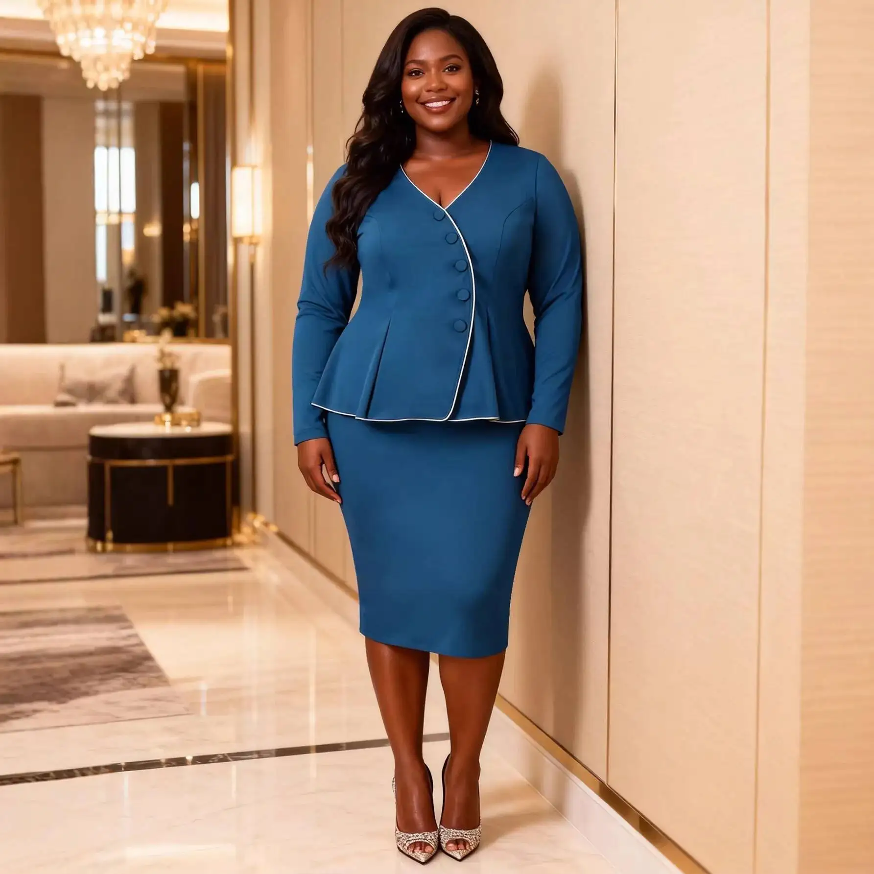 Plus-size Women's Two-piece Outfit With Contrasting Color Trim, Long-sleeved V-neck Top And Bodycon Skirt, Suitable For An Elega