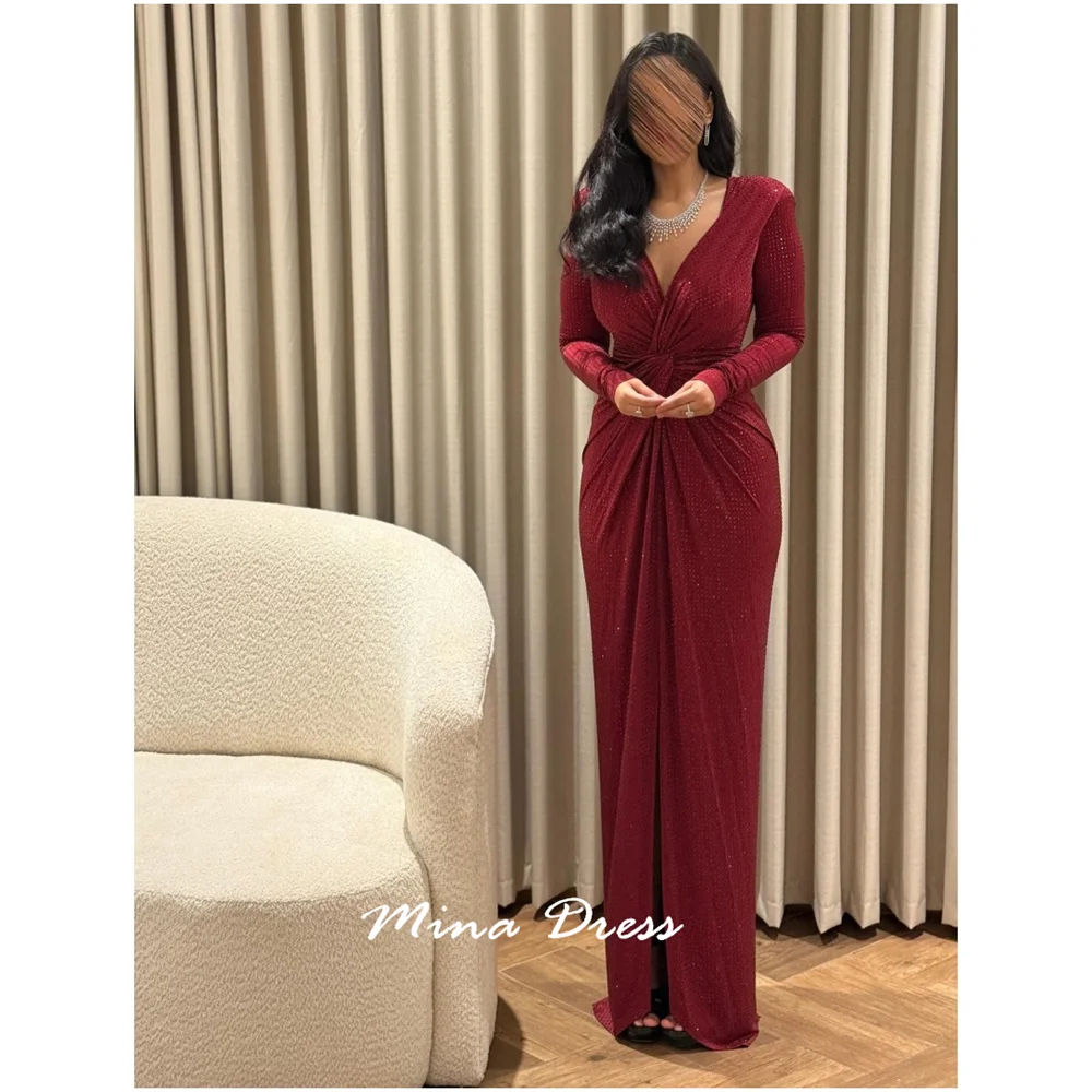 فستان سهرة عربي مخصص برقبة على شكل حرف V من مينا، فساتين نسائية أنيقة فاخرة وأكمام طويلة للمناسبات الخاصة، حفلة موسيقية