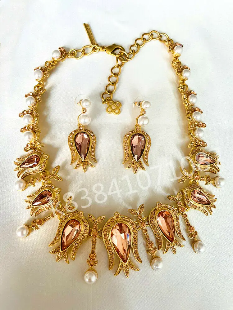 

Golden crystal rhinestone pearl Statement necklace earrings Vintage Luxury Sign Jewelry Sets Pearls Rhinestone Accessories Gift