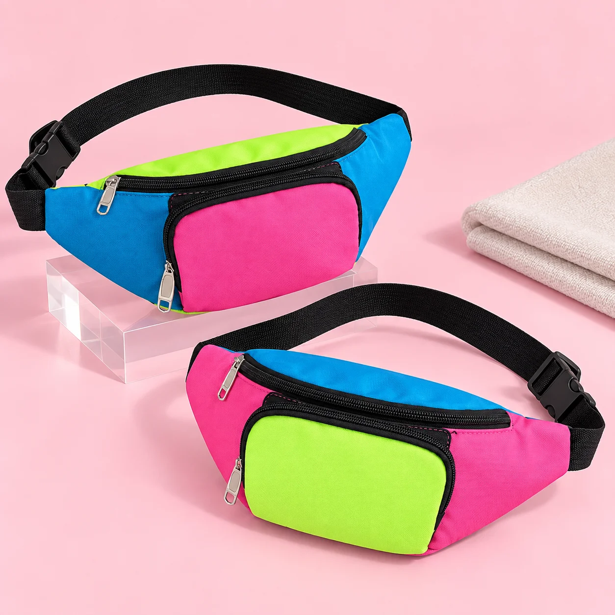 2PCS Fanny Pack Color Block Fashion Chest Bag Casual Single Shoulder Crossbody Bag Storage Pouch Strap Waist Bag Travel