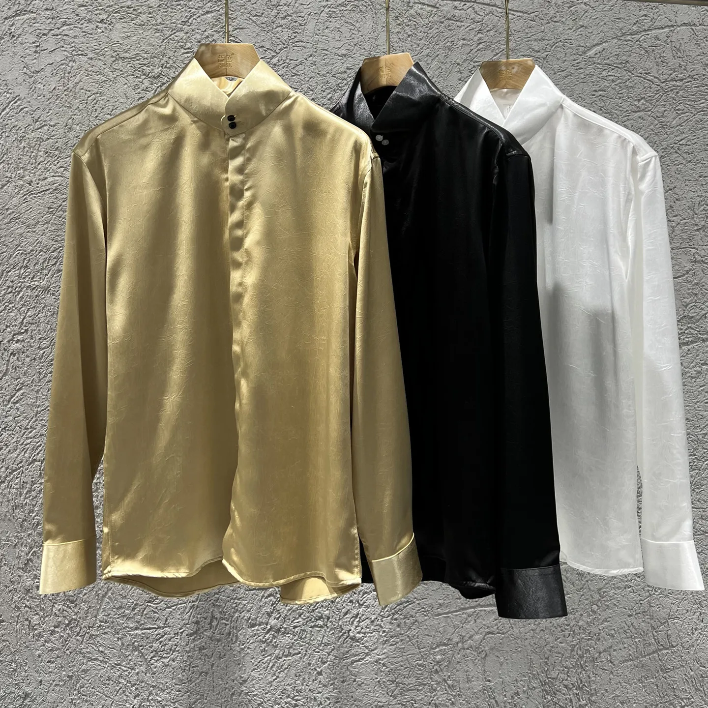 2025 Bright Satin Stand Up Collar Shirts for Men Long Sleeved Chinese Style High Collar Casual Shirt Business Social Dress Shirt