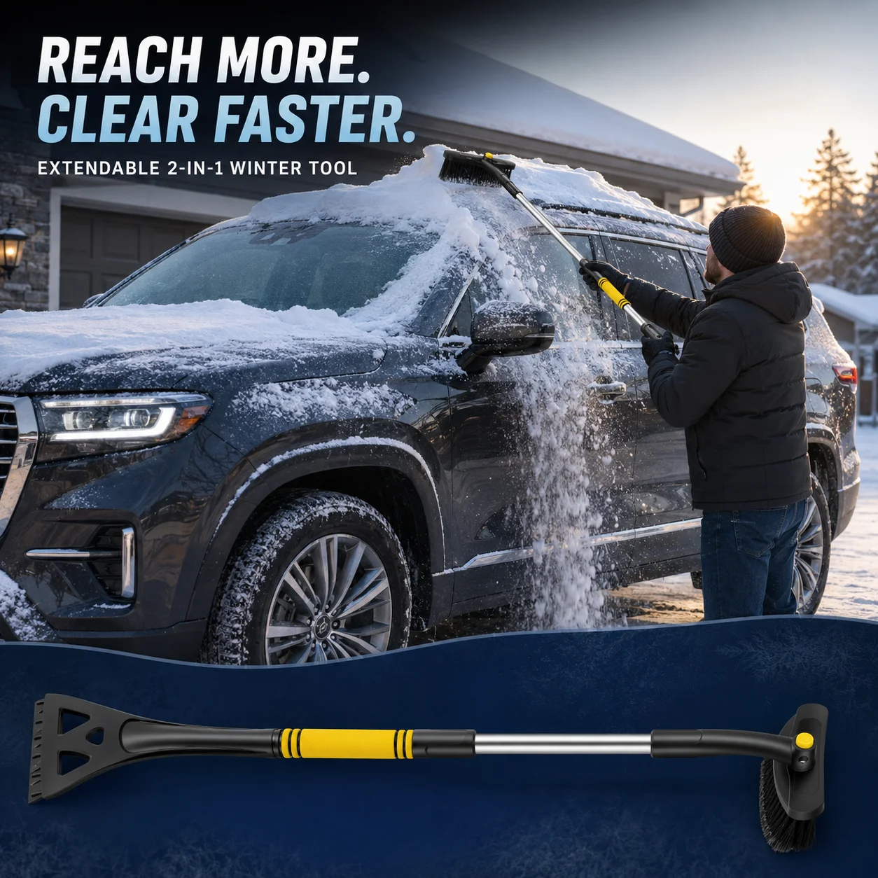 2 in 1 Car Snow Brush and Ice Scraper Extendable Aluminum Long Handle Windshield Frost Remover for Large Cars Trucks SUVs Winter