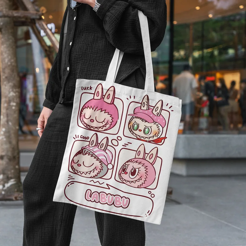 The Monster Labubu Canvas Bag College Female Cute Cartoon Shopping HandBag Lisa Same Casual Student Anime Shoulder Bag FJ07A