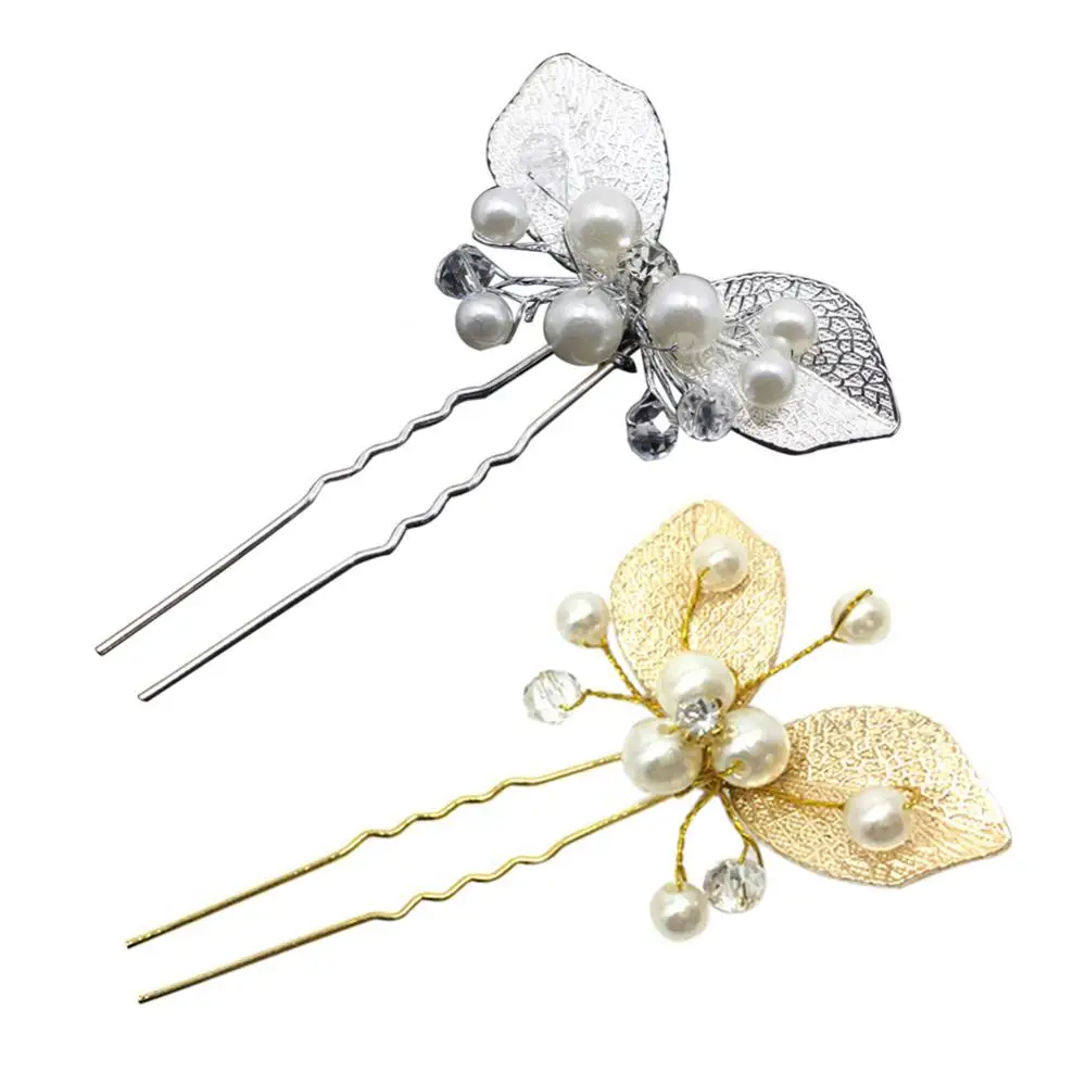 Bridal Wedding U Shape Leaf Rhinestone Faux Pearl Hair Stick Hairpins Gifts