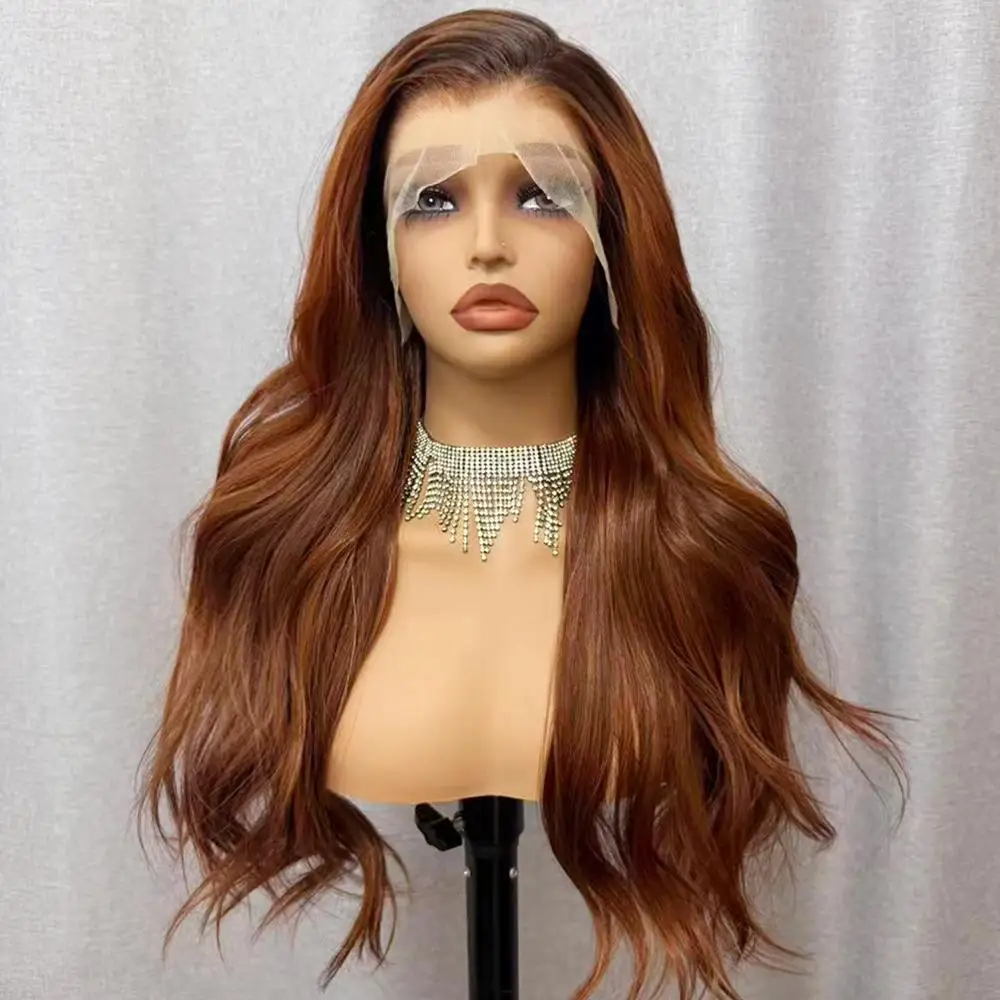 Auburn Red Highlight Synthetic Wig for Women 24 Inch Low Density Synthetic Lace Front Wigs Body Wave Natural Hairline Pre Plucked 13x4 Lace Front Wigs for Daily Use Heat Resistant Fiber