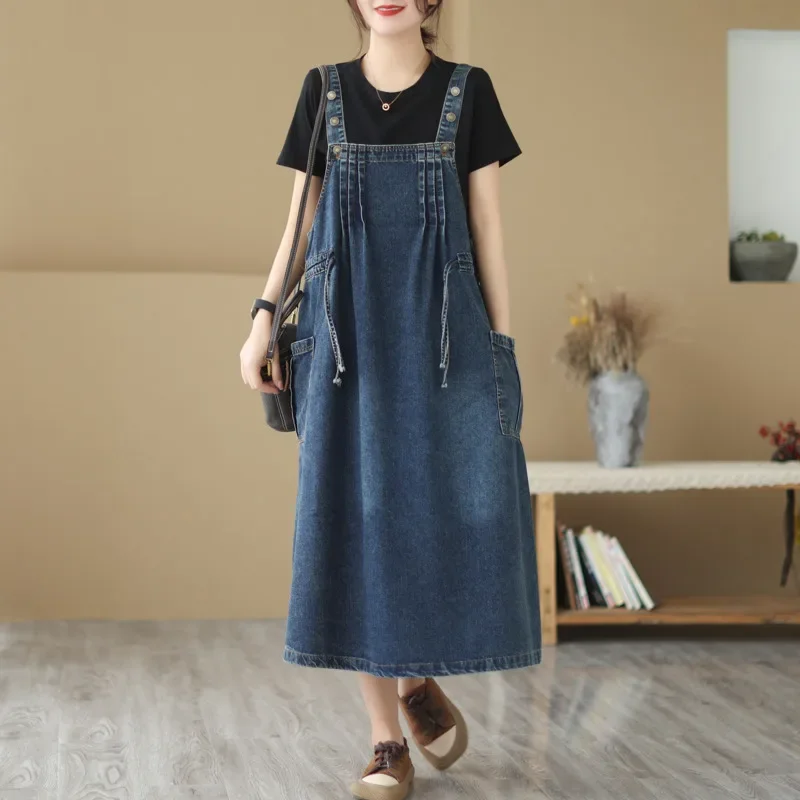 

Blue Sleeveless Spaghetti Straps Denim Dress Women Side Pockets Loose A-line Jeans Dress Female Overall Midi Dress Summer