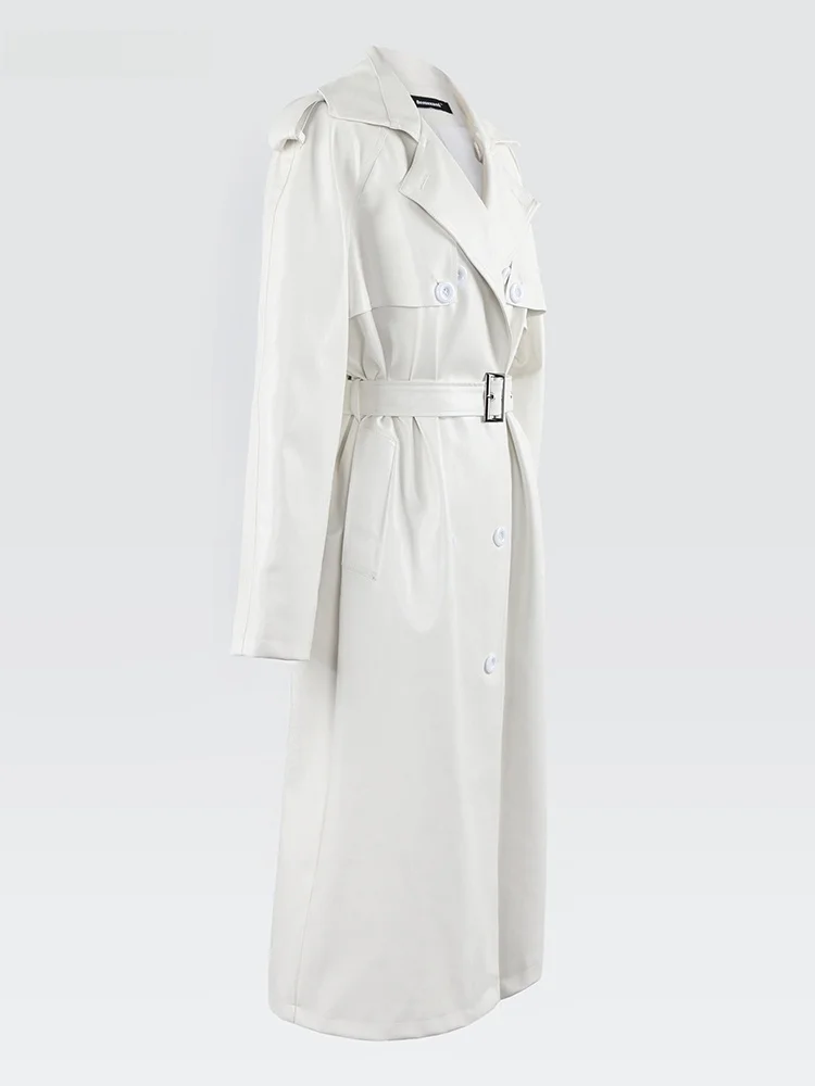 Nerazzurri Long PU Leather Jacket Women's White Outerwear Fashion Trend 2023 Loose Fit Commute Style Synthetic Fabric