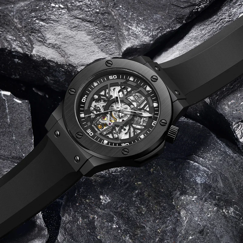 LIGE توربيون ساعات العلامة التجارية الفاخرة سيليكون الرجال الساعات موضة ساعة يد تعمل بالحركة التلقائية رجل مقاوم للماء ساعة اليد الميكانيكية