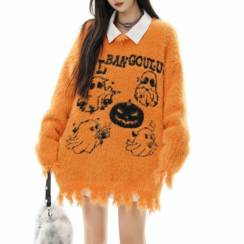 

UNIKTEE женский свитер с круглым вырезом и длинными рукавами, осень-зима, повседневный крутой милый свободный топ с изображением призрака на Хэллоуин