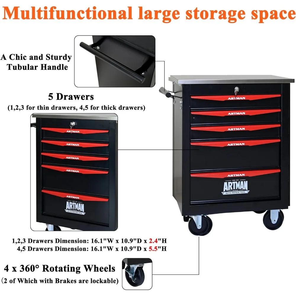 Cassettiera portaoggetti multifunzionale per attrezzi con 5 cassetti, organizer per carrello resistente per garage e officina