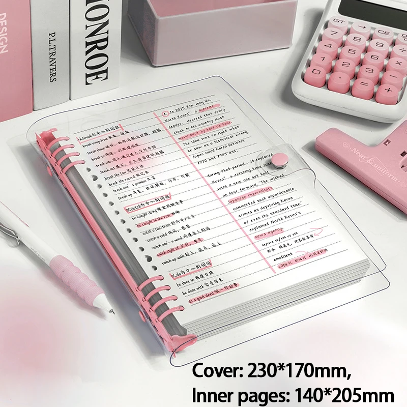 1 ud. Cuaderno de anillas de tapa blanda tamaño A5 B5 con funda transparente, papel rayado, recargable, grueso, diario/planificador para estudiantes